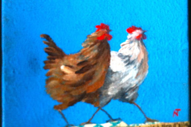 poules, peinture et collage sur bois