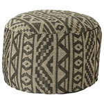 Jaipur Living - Renon Indoor and Outdoor Tribal Black and Light Taupe Cylinder Pouf - The Fika collection lends a cozy yet modern Scandi vibe with woven texture and a neutral palette. The round Renon pouf showcases a tribal motif in versatile black and taupe tones. This accommodating ottoman is crafted of durable polyester for a long-withstanding accent in any living room or patio area.