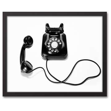 Black and White Vintage Telephone 16x20 Black Framed Canvas