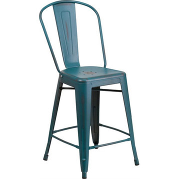 24" High Distressed Kelly Blue-Teal Metal Indoor-Outdoor Counter Height Stool