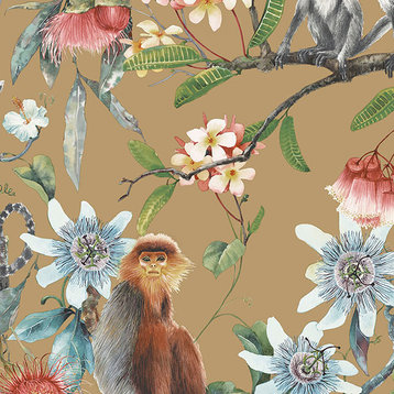 Exotic Flowers and Lemurs  Wallpaper with Gold Foil Background, Bolt