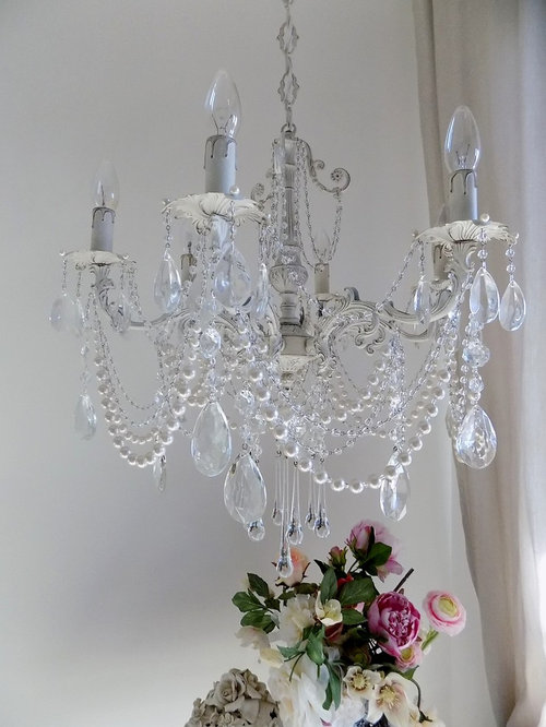 Shabby Chic Italian Vintage Brass Crystal Chandelier Ivory With Shabby Chic Italian Vintage Brass Crystal Chandelier Ivory With Faux Pearls
