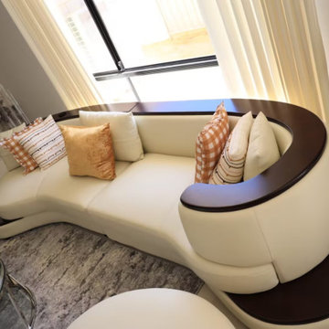 Top-down Shot of Curved Sofa & Living Room Soft Outfit Matching