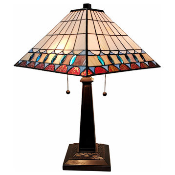 23" White Amber and Teal Stained Glass Two Light Mission Style Table Lamp