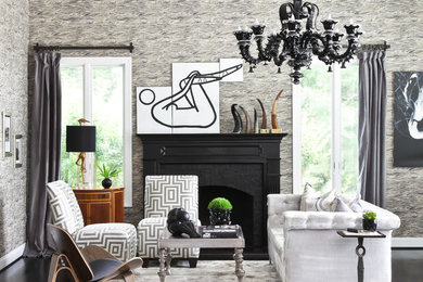 Inspiration for a mid-sized eclectic open concept dark wood floor living room remodel in Baltimore with multicolored walls and a standard fireplace