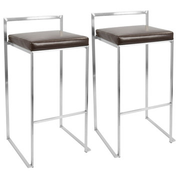Fuji Contemporary Stackable Barstool With Brown Faux Leather, Set of 2