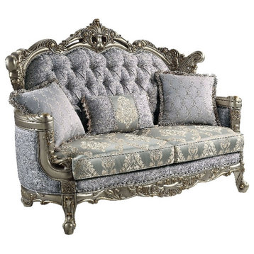 Pemberly Row Tufted Fabric & Wood Loveseat with 3 Pillows in Gray