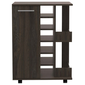 Tennessee Bar Cart with Cabinet, 6 Wine Cubbies, and 2 Shelves, Carbon Espresso