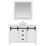 Altair - Kinsley Bathroom Vanity Set, Sliding Door, 48", With Mirror - Rustic charm meets contemporary style with the Kinsley Vanity. The highlight of this piece is its sliding cabinet design with crosshatch motif, accented by antique-look hardware. Minimalistic in appearance, this austere yet handsome vanity lends quiet elegance to any guest or master bathroom space. It comes with a matching mirror for a coordinated designer look.