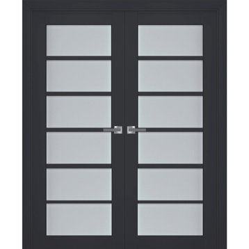 Interior French Double Doors 72 x 80, Veregio 7602 Antracite & Frosted Glass