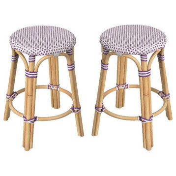 Home Square Rattan Round Backless Counter Stool in White and Purple - Set of 2