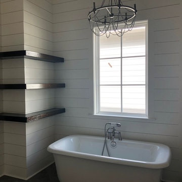 Floating Shelves Add Farmhouse Charm to Modern Bathroom