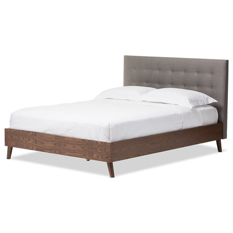 Alinia Mid-Century Retro Modern Upholstered Walnut Wood Full Size Platform Bed