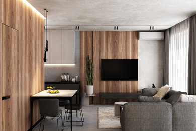 Diseño de salón abierto minimalista pequeño con paredes grises, suelo de baldosas de cerámica, televisor colgado en la pared y suelo gris