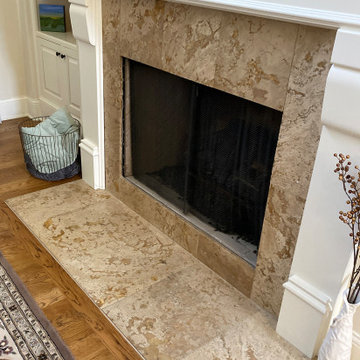 After, During, and Before Fireplace Remodel - Tile & Installation by Exact Tile