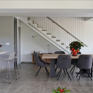 ニースのコンテンポラリースタイルのLDKの画像 (白い壁、グレーの床)