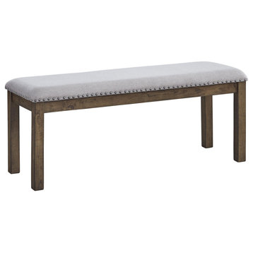 Nailhead Trim Wooden Dining Bench With Fabric Upholstery, Brown And Gray