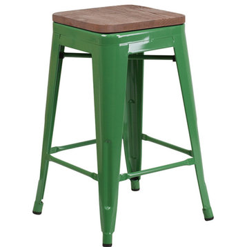 24" High Backless Metal Counter Height Stool With Square Wood Seat, Green