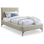Meridian Furniture - Gallo Vegan Leather Upholstered Bed, Beige, Twin - Indulge in the comfort and luxury of the Gallo Vegan Leather Twin Bed, and transform your bedroom into a haven of relaxation. This exquisite piece boasts a luscious premium soft beige vegan leather exterior that exudes elegance and sophistication. Its water-resistant and anti-scratch properties ensure durability and long-lasting beauty. The deep channel tufting adds depth and texture to the overall design, while the sleek black metal legs elevate its character and charm to new heights.