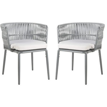 Set of 2 Contemporary Patio Chair, Cushioned Seat and Rounded Grey Rope Back