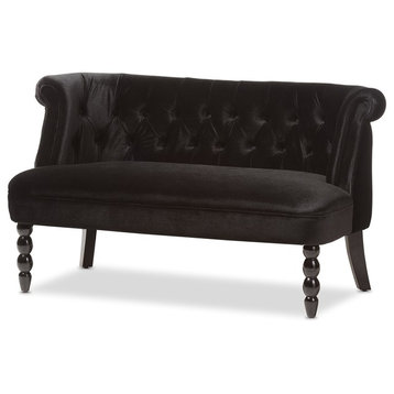 Victorian-Style Contemporary Black Velvet Fabric Upholstered 2- Seater Love seat