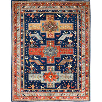Blue Hand Knotted Caucasian Design Pure Wool 200 KPSI Oversized Rug 12' x 14'5"