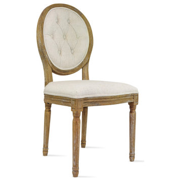 French Chic Vintage Style Dining Side Chair With Upholstered Linen Welted Fabric, Button Back