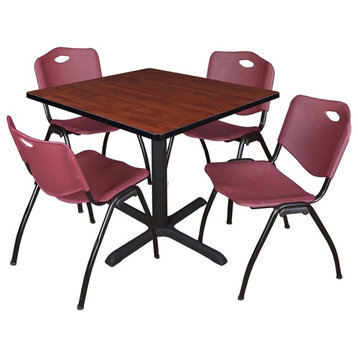 Cain 42" Square Breakroom Table, Cherry and 4 'M' Stack Chairs, Burgundy