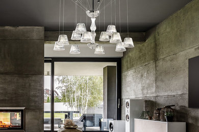 Living room - mid-sized contemporary formal and open concept white floor living room idea in San Francisco with gray walls, a two-sided fireplace, a concrete fireplace and a wall-mounted tv