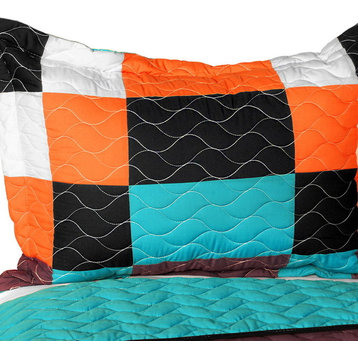 Minor Cause 3PC Vermicelli-Quilted Patchwork Geometric Quilt Set Full/Queen