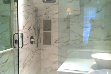 Example of a transitional bathroom design in Boston