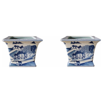 Set of 2 Blue and White Blue Willow Square Porcelain Flower Pots 6"
