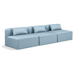 Meridian Furniture - Cube Upholstered Modular Sofa, Light Blue, 3-Piece: 3 Armless Chair, Vegan Leather - Elevate your space with the luxurious Cube Vegan Leather Modular Sofa. This modular sofa exudes modern elegance, charm, and comfort making it a perfect addition to any contemporary living space. Its clean lines and cube shape are reminiscent of minimalist design, while the plush light blue vegan leather upholstery adds a touch of luxury and sophistication. The chair's versatile construction and geometric aesthetic seamlessly integrate into various design styles, from sleek living rooms to chic home offices, embodying the essence of modern design and creating a sense of order and tranquility in your space.