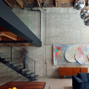 Inspiration for a small urban metal straight metal railing staircase in San Francisco with open risers.