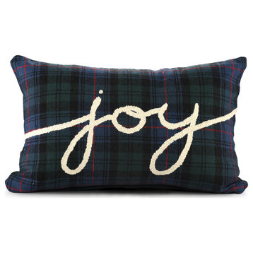 Joy Plaid Tartan Holiday Throw Pillow, 16" X 24"