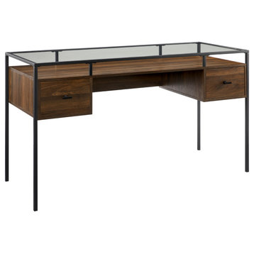 56" 2 Drawer Glass Top Desk, Dark Walnut