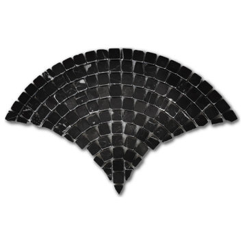 Nero Marquina Black Marble Fish Scale Scallop Fan Mosaic Tile Polished, 1 sheet