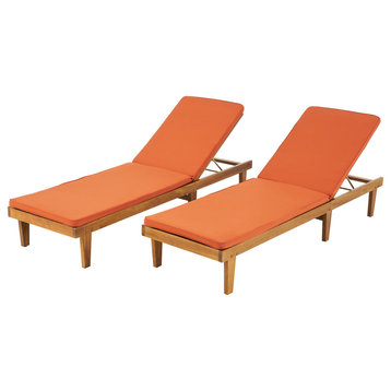 Nancy Oudoor Modern Wood Chaise Lounge With Cushion, Set of 2, Teak/Rust Orange