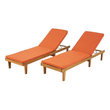 Nancy Oudoor Modern Wood Chaise Lounge With Cushion, Set of 2, Teak/Rust Orange