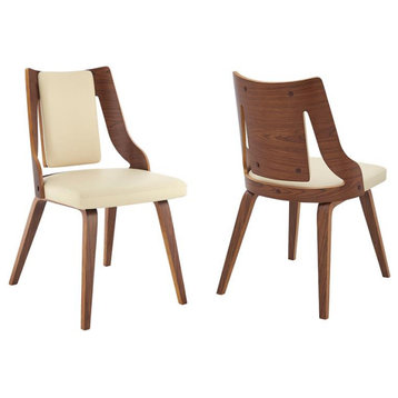Armen Living Aniston 19" Faux Leather Dining Chairs in Cream/Walnut (Set of 2)