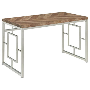 Industrial Desk, Geometric Metal Frame With Rectangular Wood Top, Tobacco/Nickel