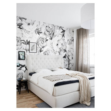 Peony Flower Mural Wall Art Wallpaper, Peel and Stick, Black & White, 24"x108"