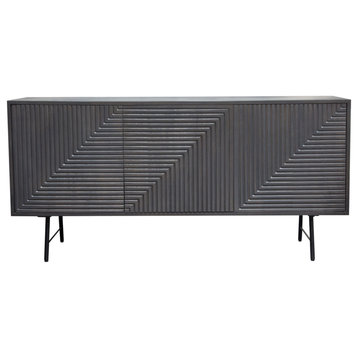 Neo 3-Door Solid Mango Wood Sideboard, Smoke Gray With Gun Metal Finished Base