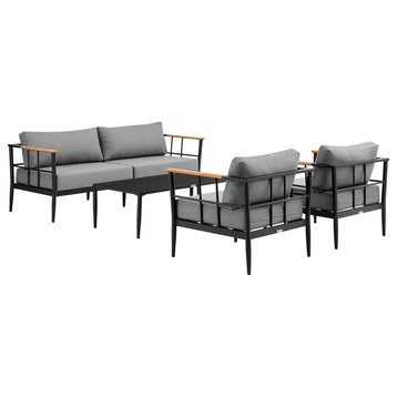 Veyda Outdoor 4-Piece Lounge Set, Aluminum With Teak and Gray Cushions