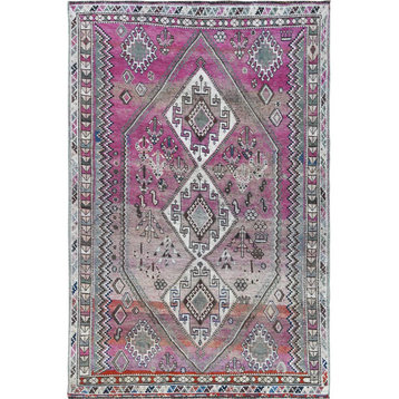 Pink Hand Knotted Persian Shiraz Bohemian Cropped Thin Vintage Rug, 4'9" x 7'2"