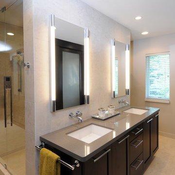 Dark Stained Floating Vanity with Quartz Countertop