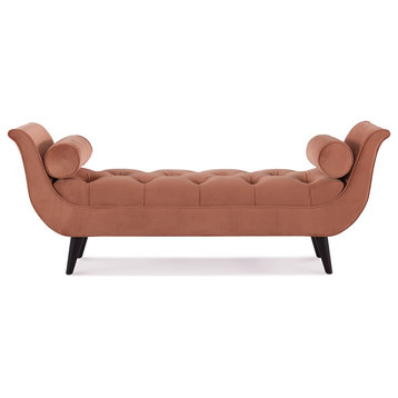 Unique Upholstered Bench, Diamond Tufted Seat With Flared Arms, Peach Orange