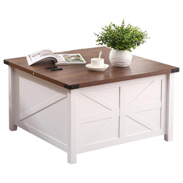 Farmhouse Coffee Table, Hinged Lift Up Top & Hidden Storage Compartment, White