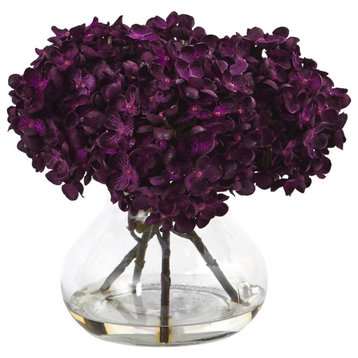 8.5"H Hydrangea Silk Flower Arrangement With Glass Vase, Purple