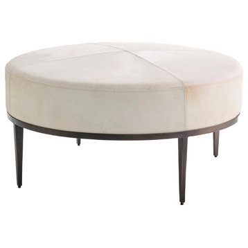 Luxe Modern Minimalist Ivory Hair Hide Ottoman, Coffee Table Leather Round Iron
